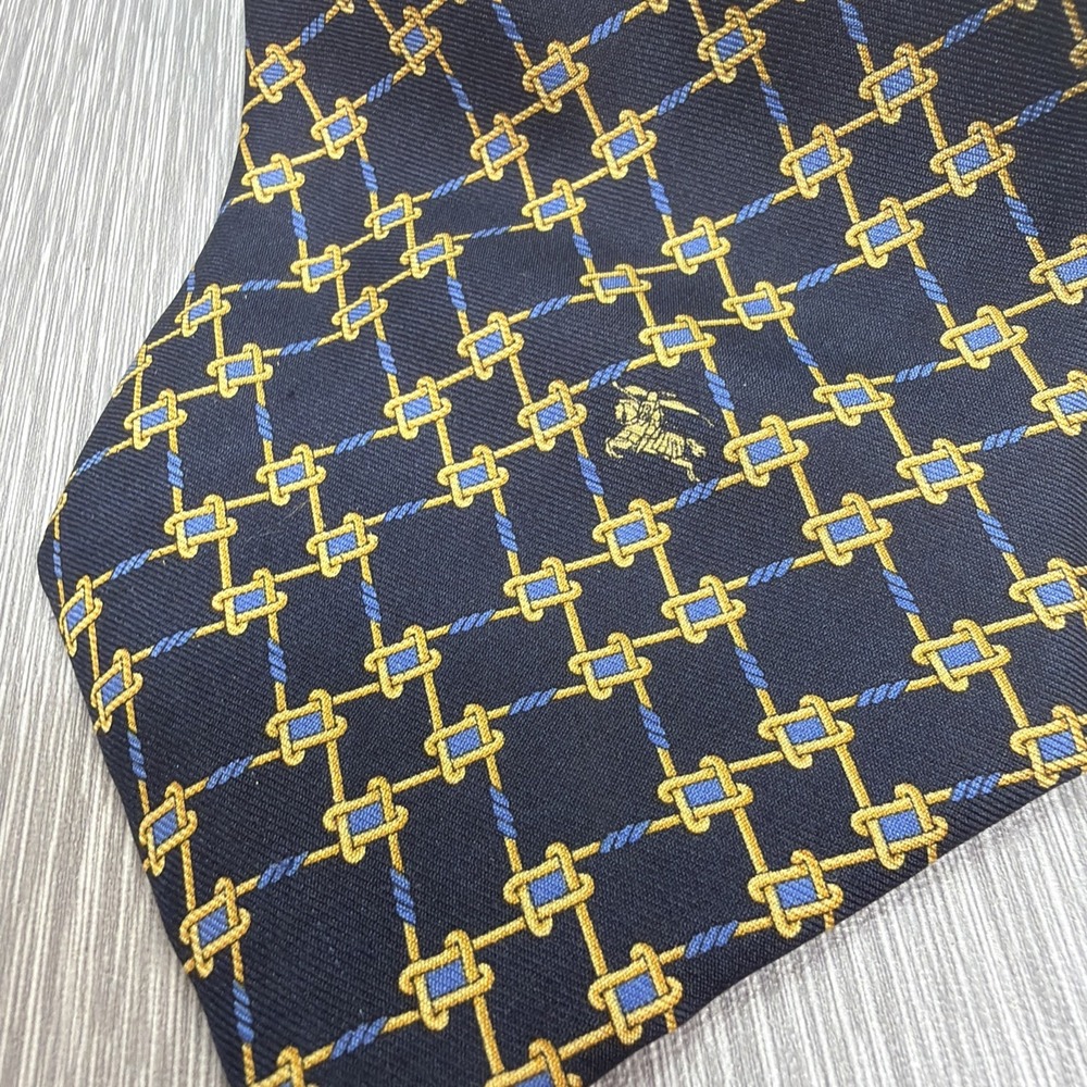 Burberry Of London Silk Neck Tie Blue Gold Geometric‎ USA Made
